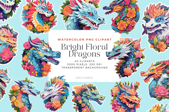 Bright Floral Dragons Cliparts for Creative Projects