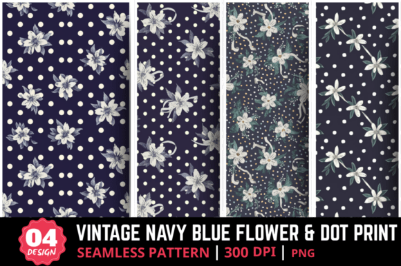 Vintage Navy Blue Flower Dot Bundle for Creators